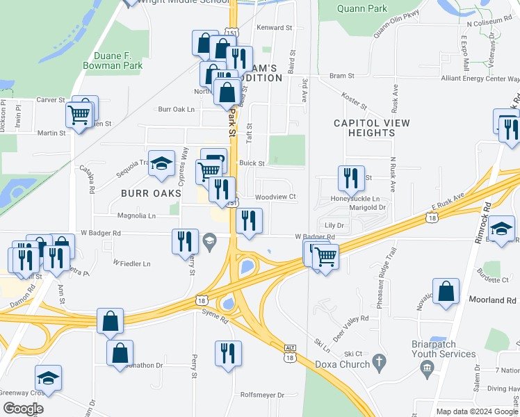 map of restaurants, bars, coffee shops, grocery stores, and more near 2326 Badger Parkway in Madison