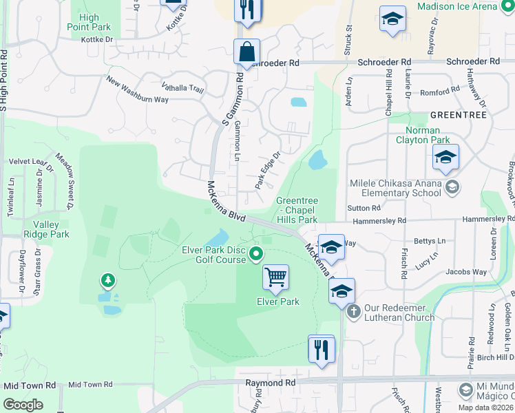 map of restaurants, bars, coffee shops, grocery stores, and more near 12 Georgetown Court in Madison