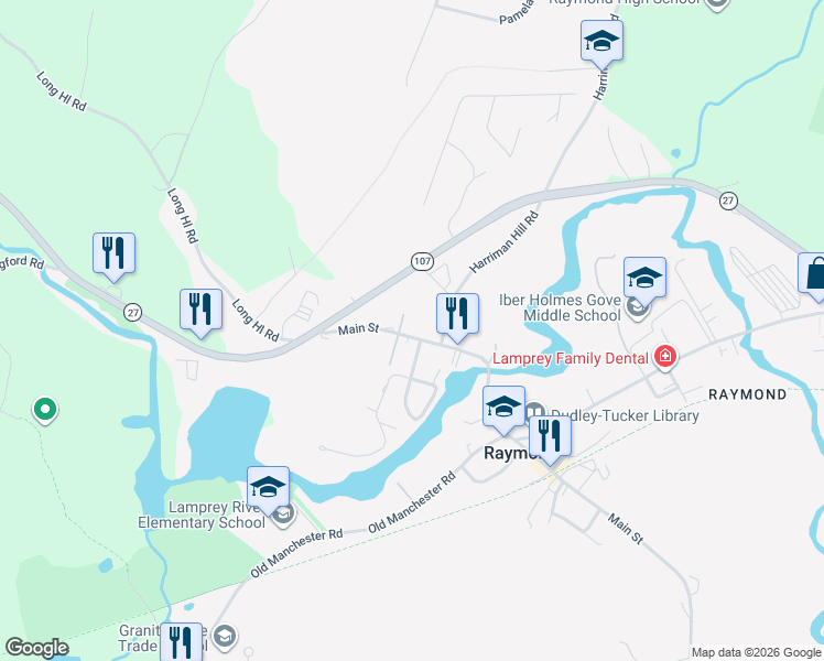 map of restaurants, bars, coffee shops, grocery stores, and more near 16 Main Street in Raymond