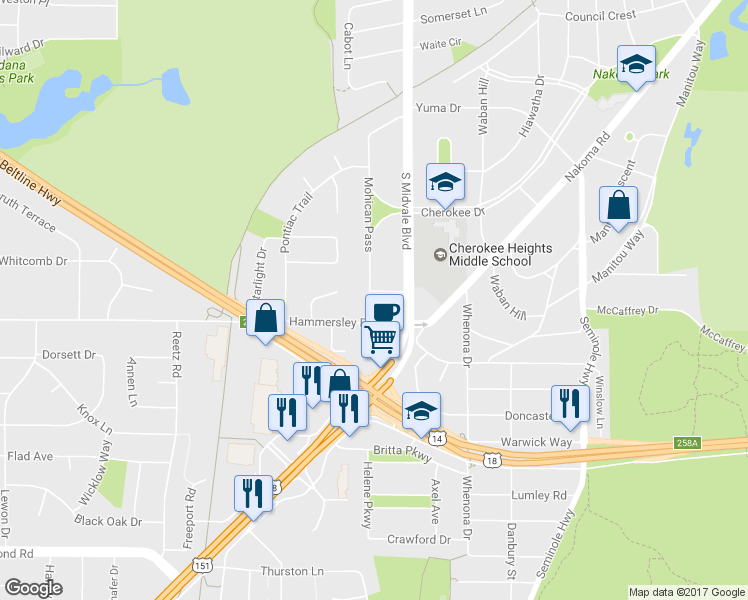 map of restaurants, bars, coffee shops, grocery stores, and more near 4417 Boulder Terrace in Madison