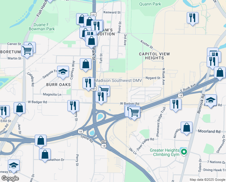map of restaurants, bars, coffee shops, grocery stores, and more near 2311 Badger Parkway in Madison