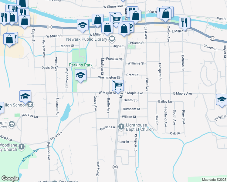 map of restaurants, bars, coffee shops, grocery stores, and more near 115 West Maple Avenue in Newark