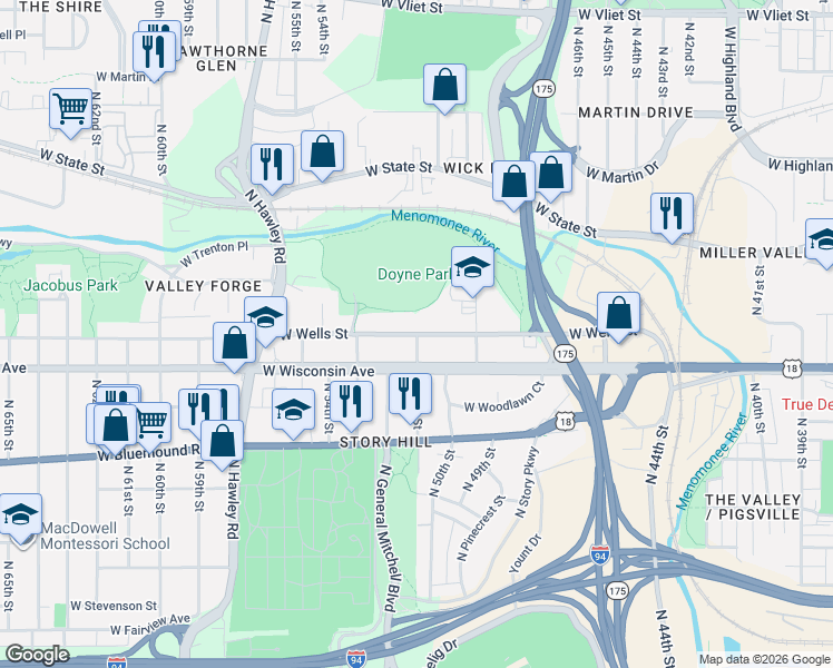 map of restaurants, bars, coffee shops, grocery stores, and more near W Wells St & N 51st St in Milwaukee