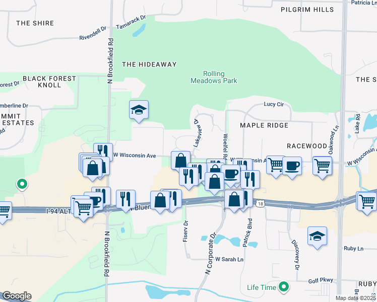 map of restaurants, bars, coffee shops, grocery stores, and more near 18255 Astor Drive in Brookfield