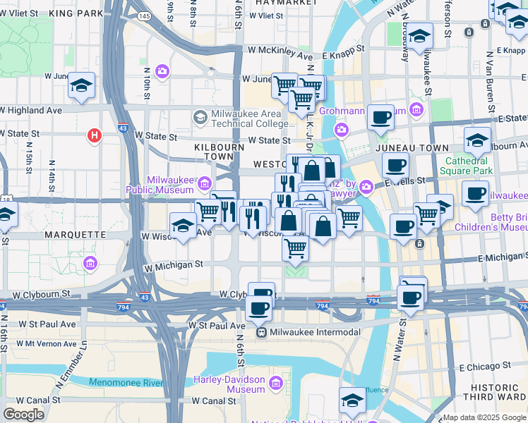map of restaurants, bars, coffee shops, grocery stores, and more near 400 West Wisconsin Avenue in Milwaukee