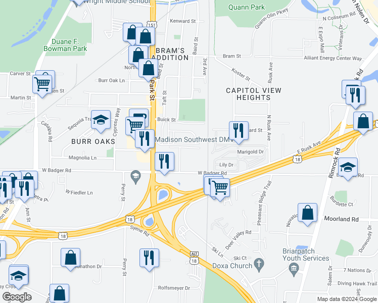 map of restaurants, bars, coffee shops, grocery stores, and more near 625 Skyview Place in Madison