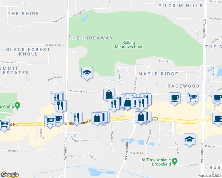 map of restaurants, bars, coffee shops, grocery stores, and more near 18305 Astor Drive in Brookfield