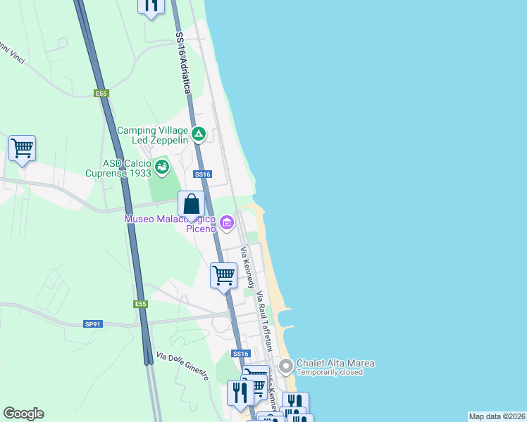 map of restaurants, bars, coffee shops, grocery stores, and more near 61 Via Kennedy in Cupra Marittima