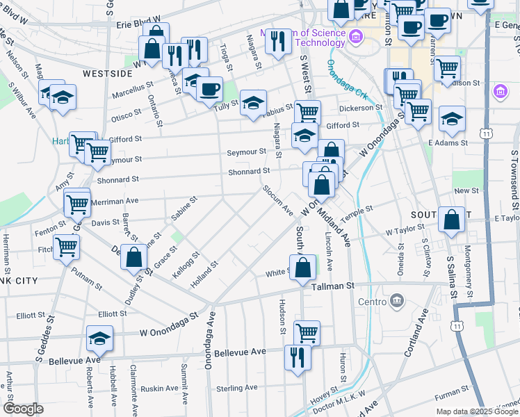 map of restaurants, bars, coffee shops, grocery stores, and more near 123-25 Holland Street in Syracuse