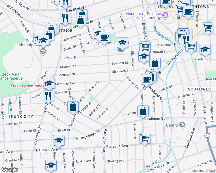 map of restaurants, bars, coffee shops, grocery stores, and more near 208 Kellogg Street in Syracuse