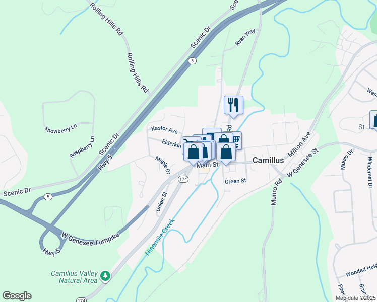 map of restaurants, bars, coffee shops, grocery stores, and more near 76 Main Street in Camillus