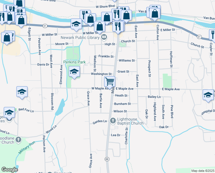 map of restaurants, bars, coffee shops, grocery stores, and more near 108 West Maple Avenue in Newark