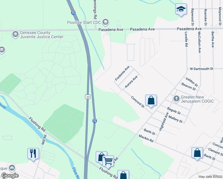 map of restaurants, bars, coffee shops, grocery stores, and more near 3595 Concord Street in Flint