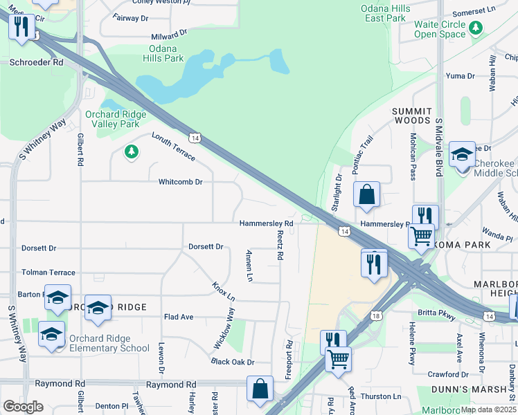 map of restaurants, bars, coffee shops, grocery stores, and more near 4928 Hammersley Road in Madison