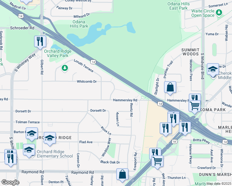 map of restaurants, bars, coffee shops, grocery stores, and more near 4928 Hammersley Road in Madison