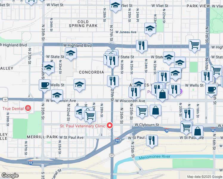 map of restaurants, bars, coffee shops, grocery stores, and more near 745 North 27th Street in Milwaukee
