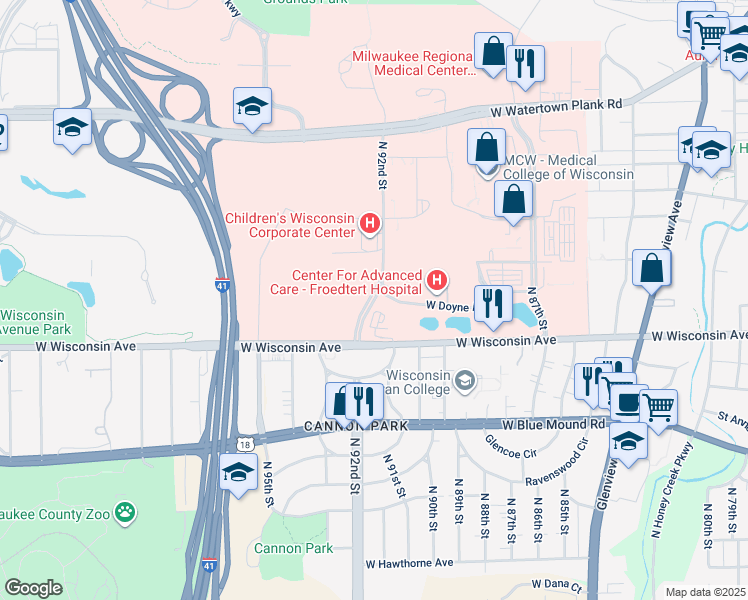 map of restaurants, bars, coffee shops, grocery stores, and more near 906 N 92nd St in Wauwatosa