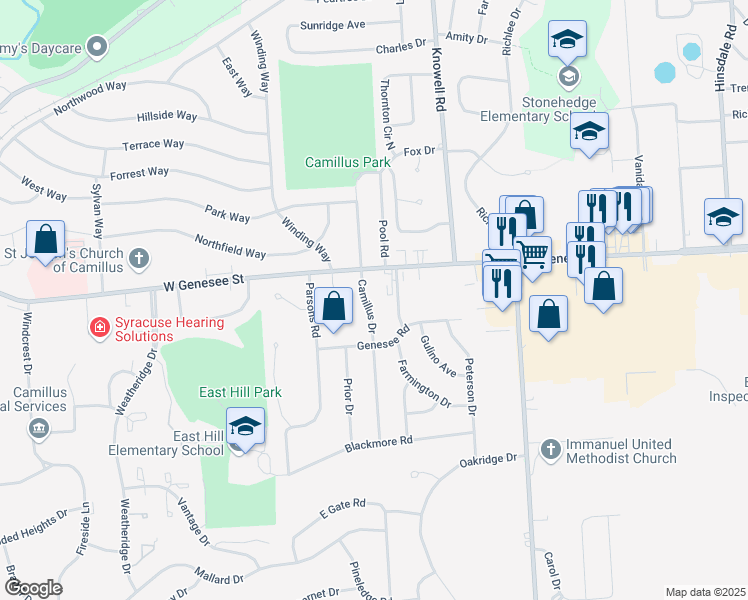 map of restaurants, bars, coffee shops, grocery stores, and more near 11 Camillus Drive in Camillus