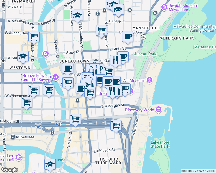 map of restaurants, bars, coffee shops, grocery stores, and more near 733 North Van Buren Street in Milwaukee