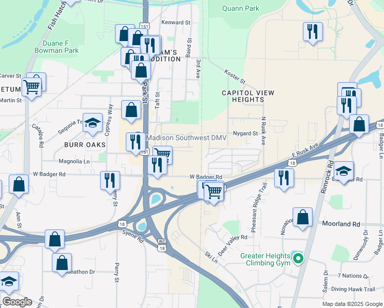 map of restaurants, bars, coffee shops, grocery stores, and more near 615 Skyview Place in Madison