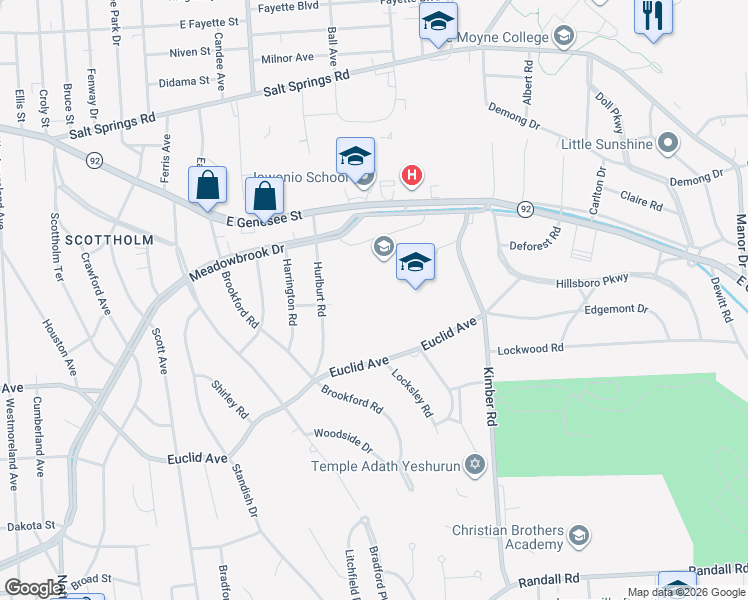 map of restaurants, bars, coffee shops, grocery stores, and more near 2201 Euclid Avenue in Syracuse