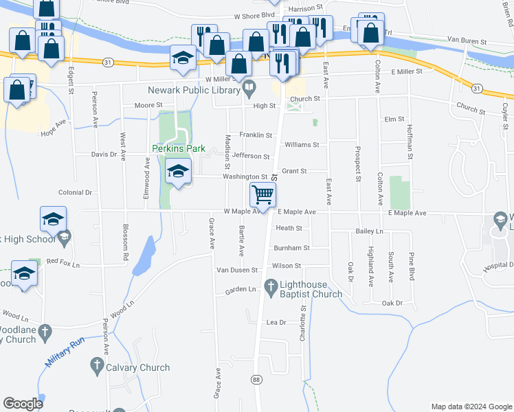 map of restaurants, bars, coffee shops, grocery stores, and more near 109 West Maple Avenue in Newark