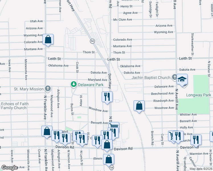 map of restaurants, bars, coffee shops, grocery stores, and more near 2713 Delaware Avenue in Flint