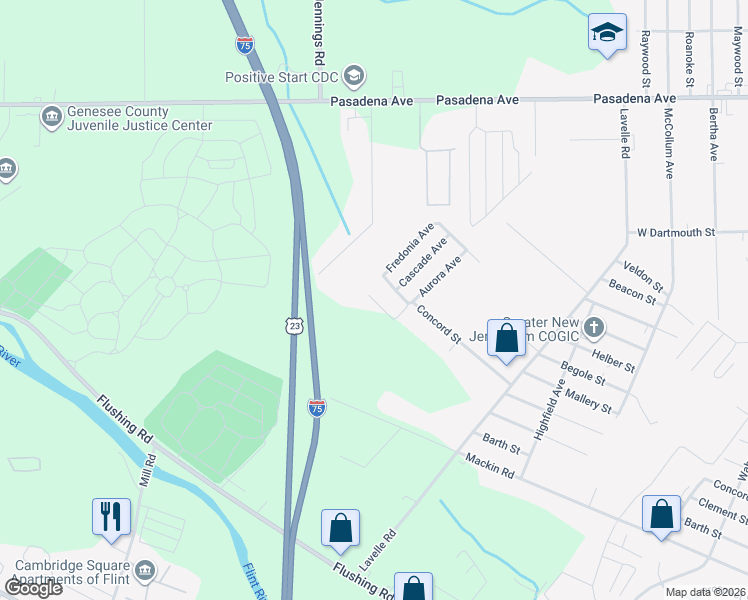 map of restaurants, bars, coffee shops, grocery stores, and more near 3646 Aurora Court in Flint