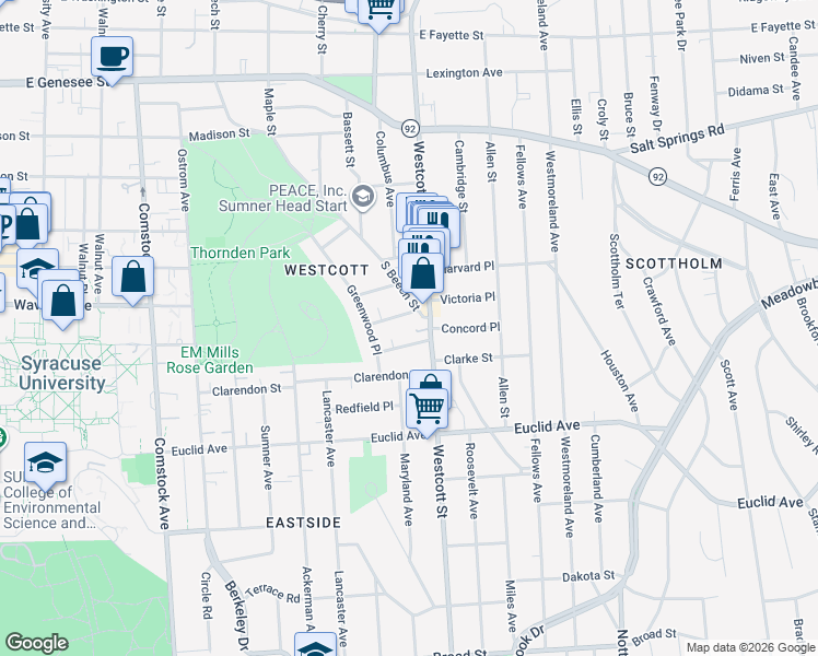 map of restaurants, bars, coffee shops, grocery stores, and more near 109 Avondale Place in Syracuse