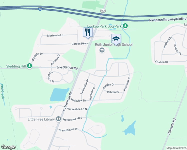 map of restaurants, bars, coffee shops, grocery stores, and more near Erie Station Road & High Manor Drive in Henrietta