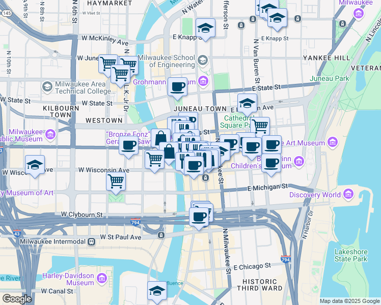map of restaurants, bars, coffee shops, grocery stores, and more near 222 East Mason Street in Milwaukee