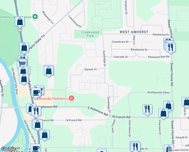 map of restaurants, bars, coffee shops, grocery stores, and more near 9 Sunmist Square in Buffalo