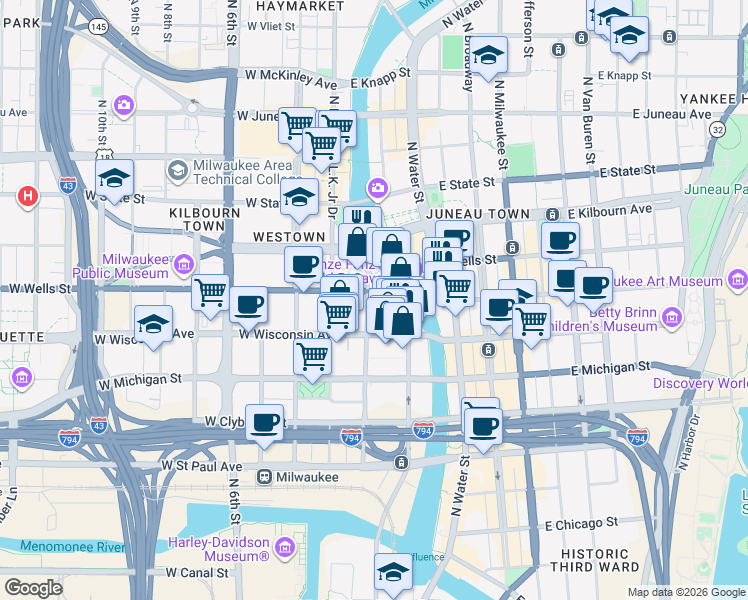 map of restaurants, bars, coffee shops, grocery stores, and more near 740 North Plankinton Avenue in Milwaukee