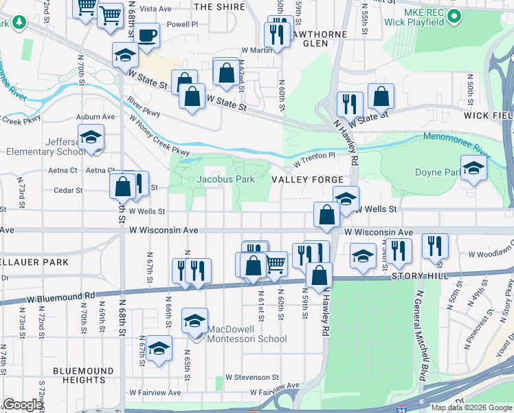 map of restaurants, bars, coffee shops, grocery stores, and more near 6035 West Wells Street in Wauwatosa