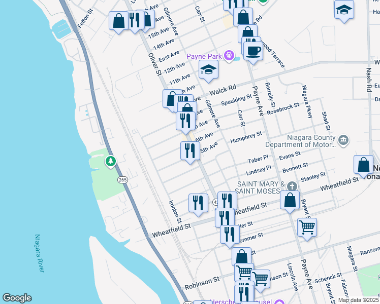 map of restaurants, bars, coffee shops, grocery stores, and more near 71 5th Avenue in North Tonawanda