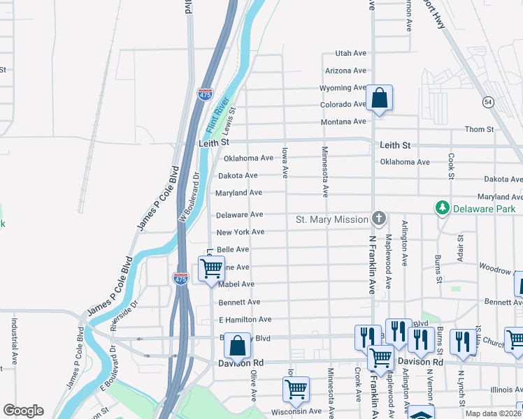 map of restaurants, bars, coffee shops, grocery stores, and more near 1534 Delaware Avenue in Flint