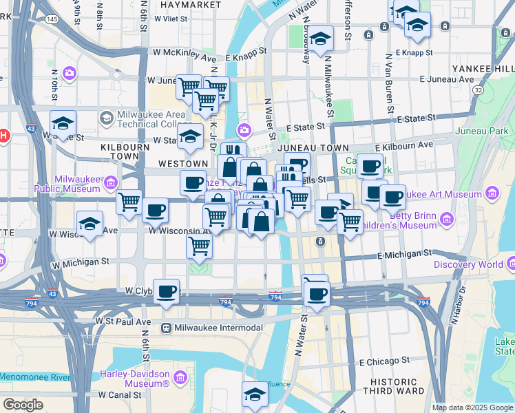 map of restaurants, bars, coffee shops, grocery stores, and more near 740 North Plankinton Avenue in Milwaukee
