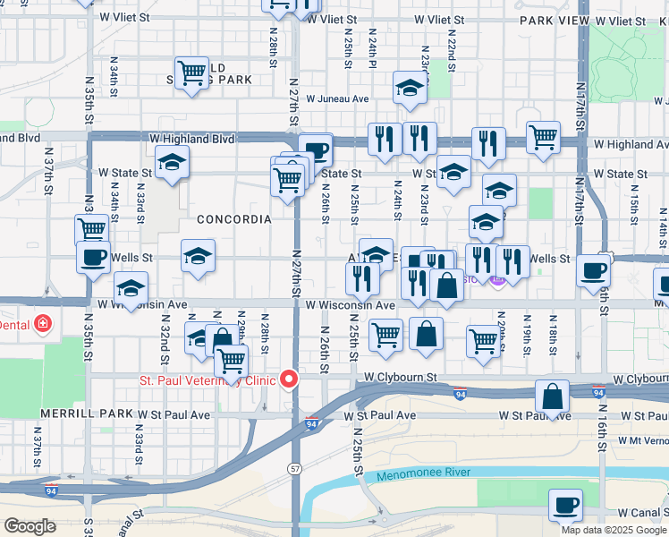 map of restaurants, bars, coffee shops, grocery stores, and more near 2602 West Wisconsin Avenue in Milwaukee
