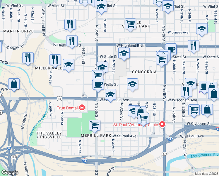 map of restaurants, bars, coffee shops, grocery stores, and more near 726 North 34th Street in Milwaukee