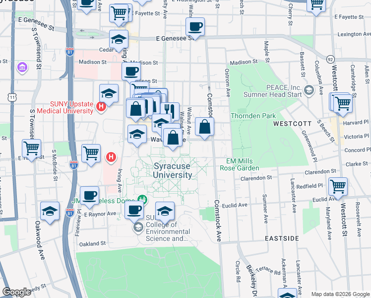 map of restaurants, bars, coffee shops, grocery stores, and more near 222 Waverly Avenue in Syracuse