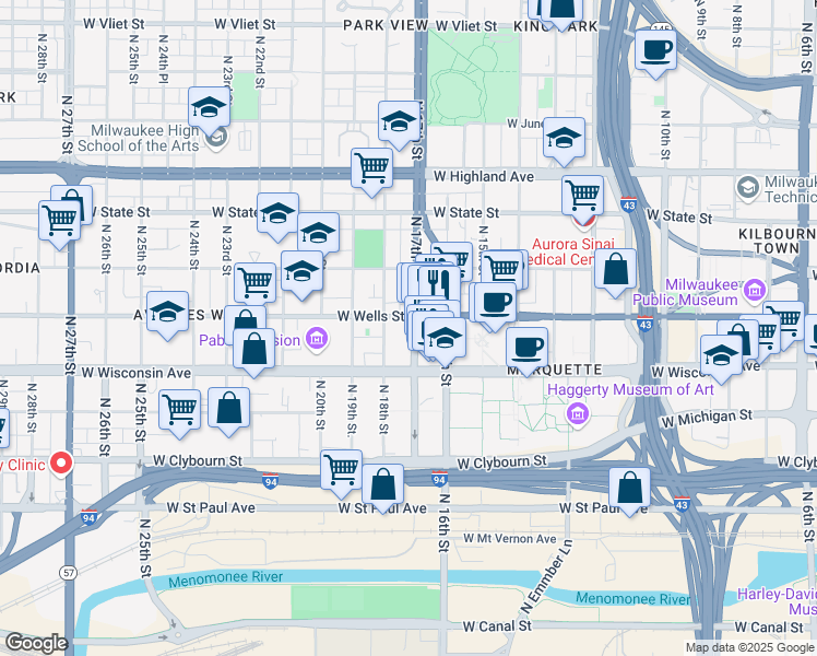 map of restaurants, bars, coffee shops, grocery stores, and more near 721 North 17th Street in Milwaukee