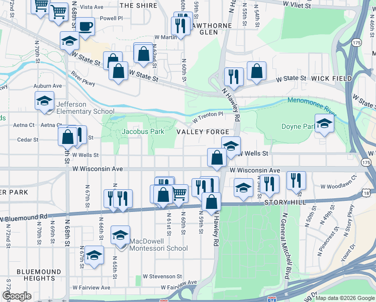 map of restaurants, bars, coffee shops, grocery stores, and more near 5925 West Wells Street in Wauwatosa