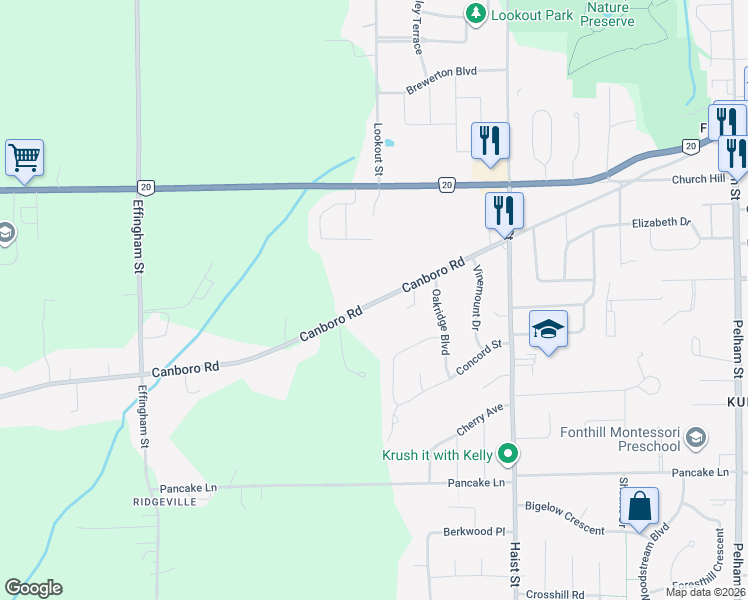 map of restaurants, bars, coffee shops, grocery stores, and more near 205 Canboro Road in Pelham