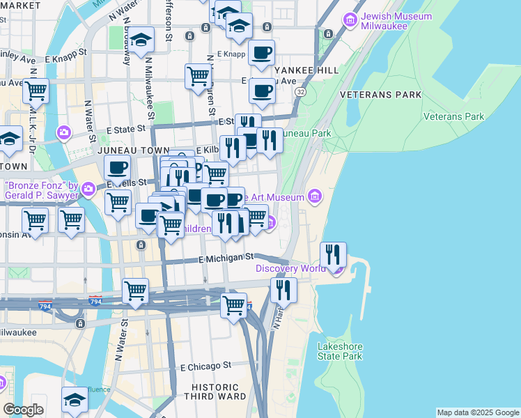 map of restaurants, bars, coffee shops, grocery stores, and more near 745 North Prospect Avenue in Milwaukee