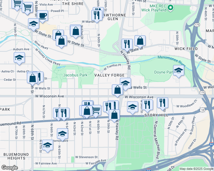 map of restaurants, bars, coffee shops, grocery stores, and more near 5900 West Wells Street in Wauwatosa