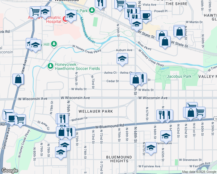 map of restaurants, bars, coffee shops, grocery stores, and more near 7123 West Wells Street in Wauwatosa