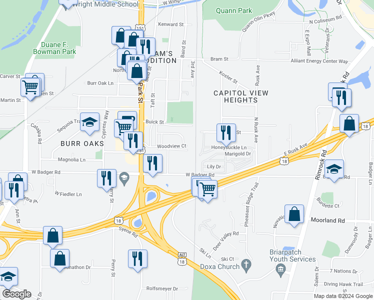 map of restaurants, bars, coffee shops, grocery stores, and more near 645 Skyview Place in Madison