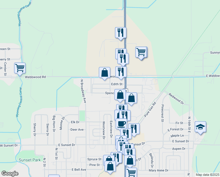 map of restaurants, bars, coffee shops, grocery stores, and more near Lewis Street in Riverton