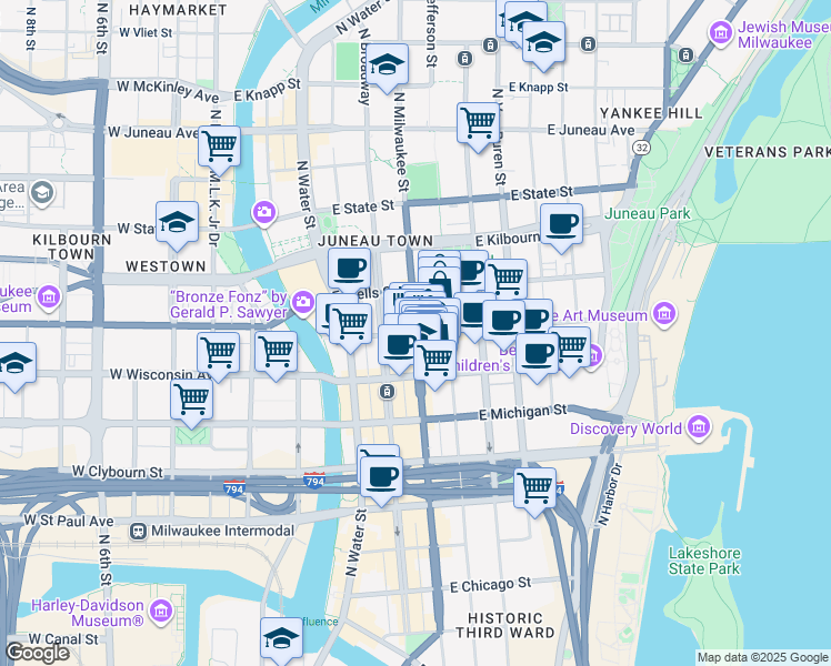 map of restaurants, bars, coffee shops, grocery stores, and more near North Milwaukee Street in Milwaukee
