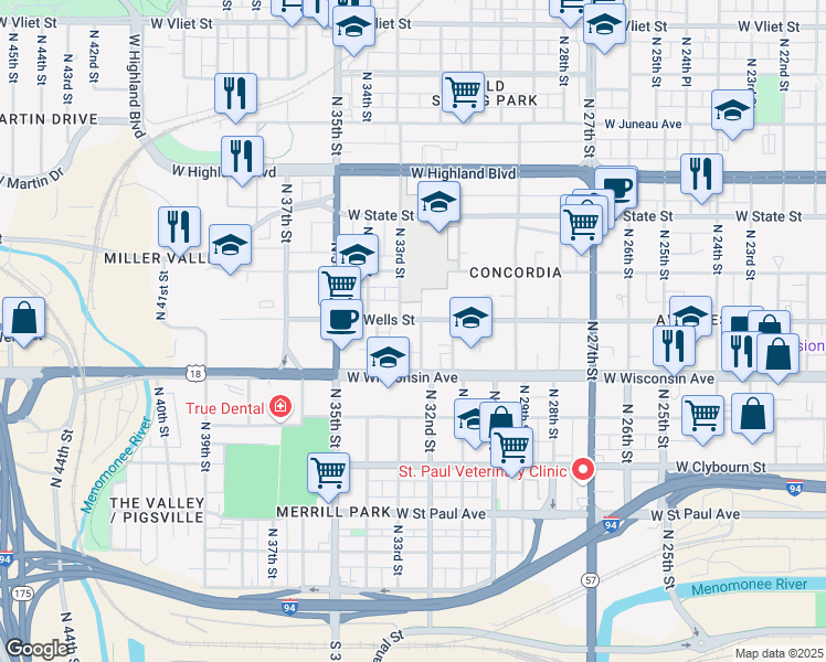 map of restaurants, bars, coffee shops, grocery stores, and more near 3209 West Wells Street in Milwaukee
